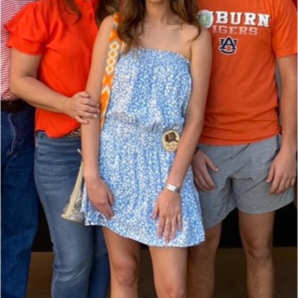 Blue and White Strapless Dress